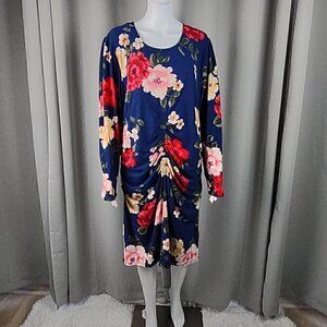 DEREK HEART NAVY BLUE FLORAL DRESS RUCHED SIDES AND FRONT. SIZE 3X